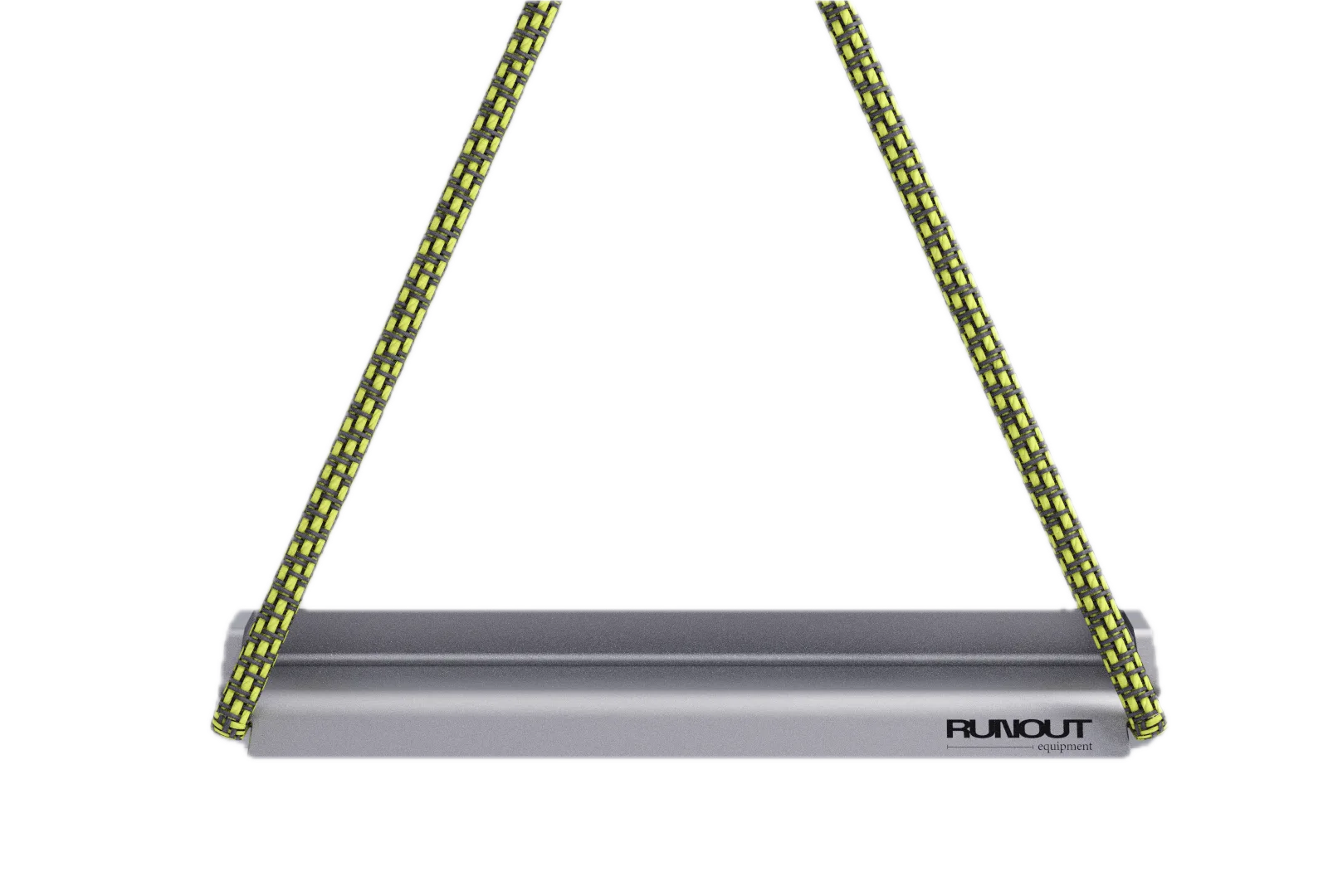 Runout UltraPortable 20 mm climbing edge hanging from its rope: a slim silver anodised aluminium bar with a perforated grip surface